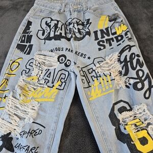 High Waist Slogan Graphic Ripped Jeans Woman's  Size XS Size 2 Waist 34